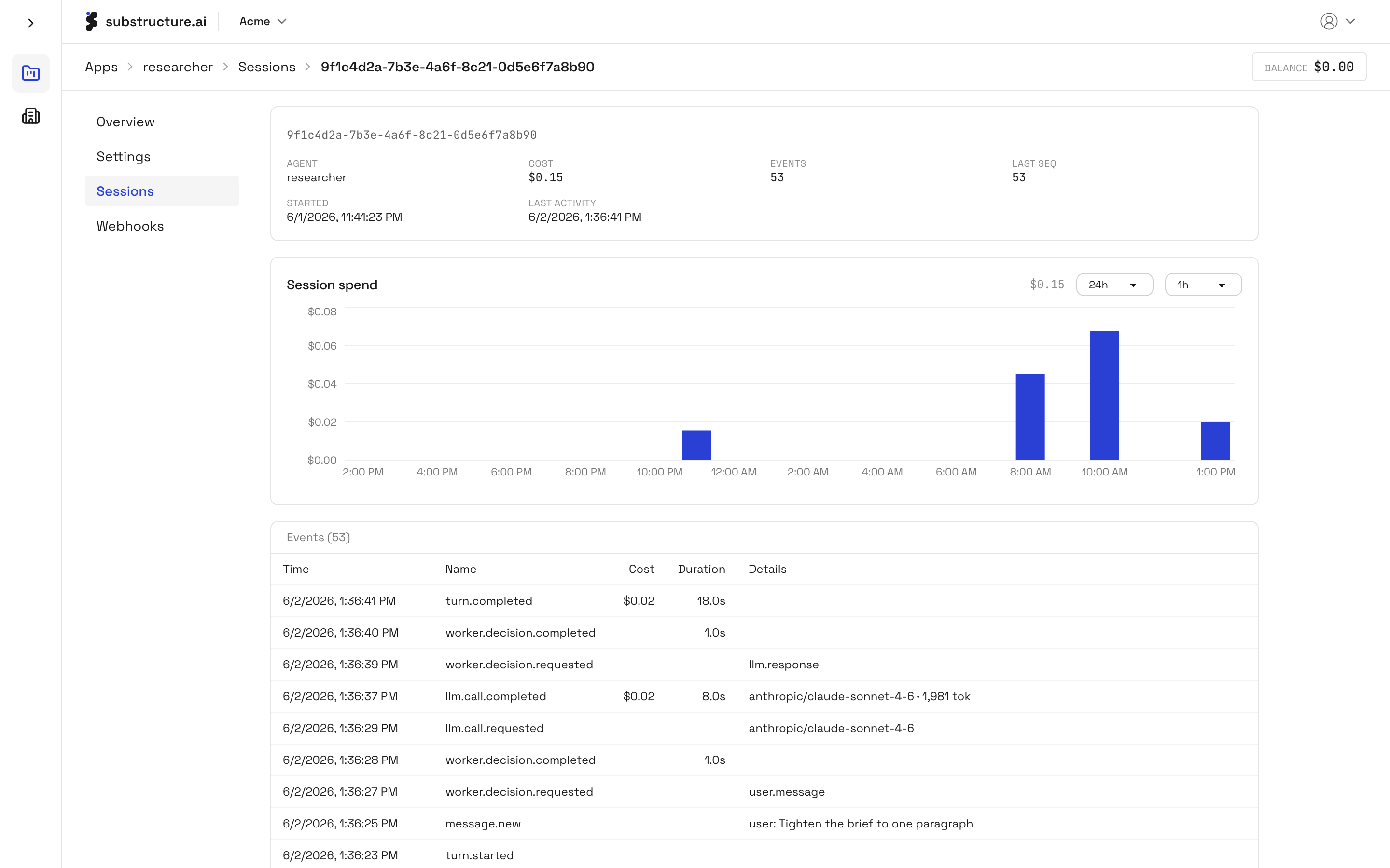 Substructure dashboard showing a session's agent and cumulative spend, a spend-over-time bar chart, and the real-time event log